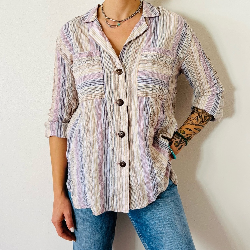Free people High Tide pastel Striped poplin Button Down Shirt oversized Shirt